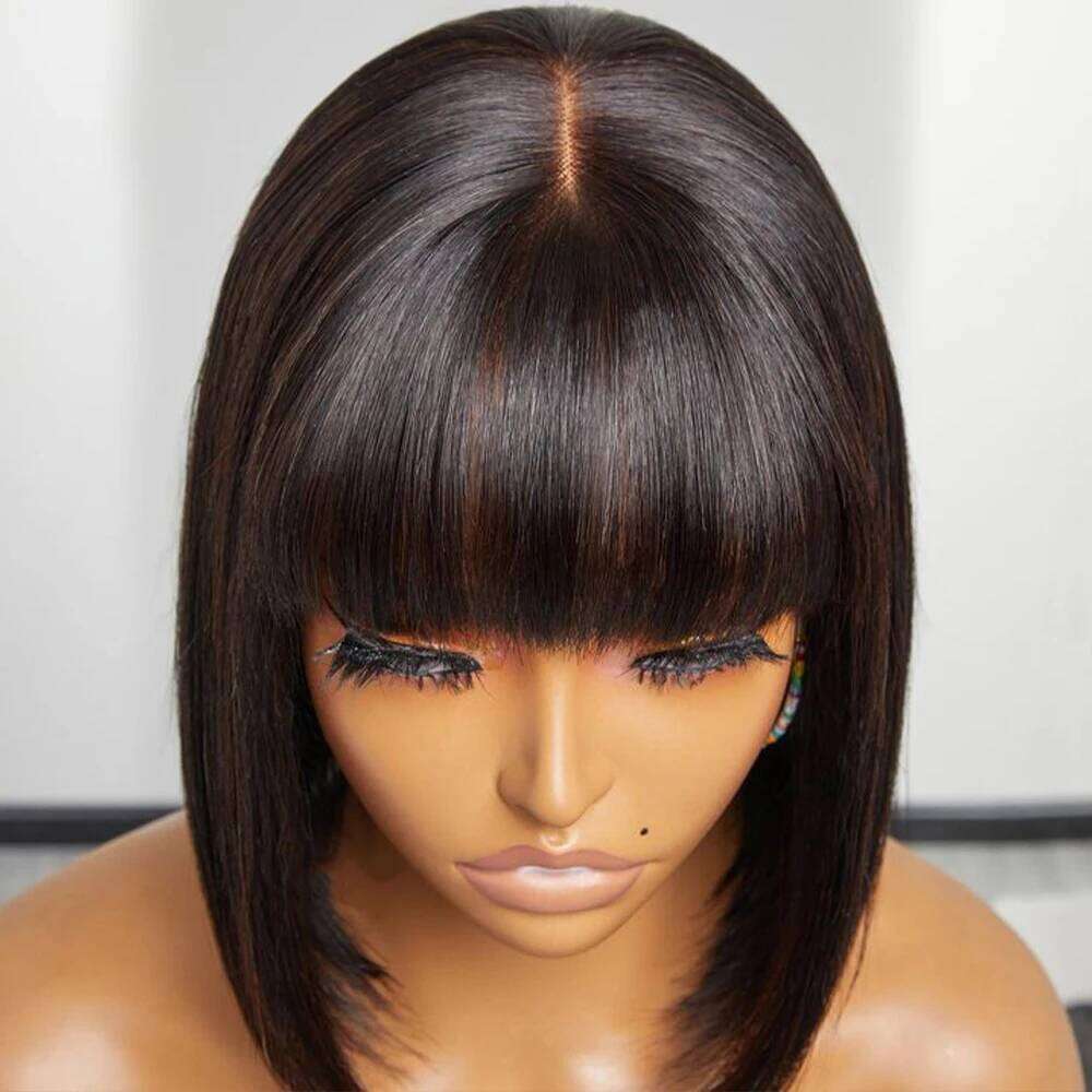 Choice Short Wig Bone Straight 100% Human Hair With Bangs 3x1 Lace Middle Part For Black Women Bob Wigs