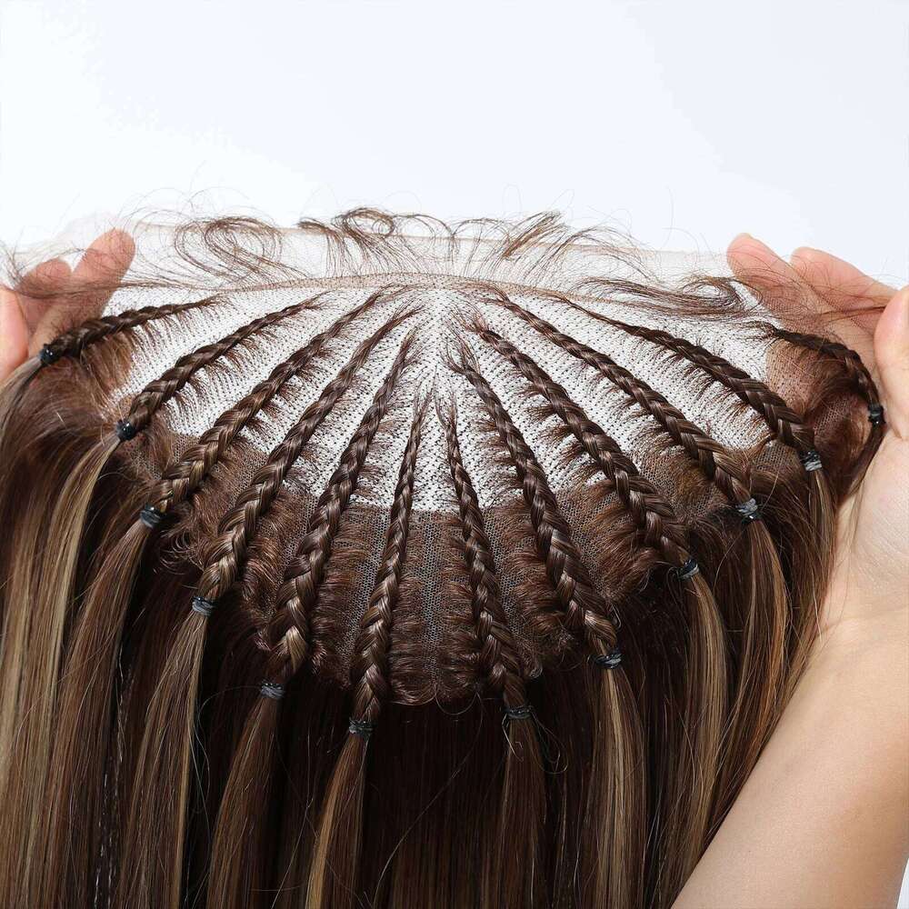 HENRY MARGU 13x6 Front Brown Highlight for Women Pre-Braided Lace Frontal Synthetic Wig Silky Straight Daily Braid Wigs
