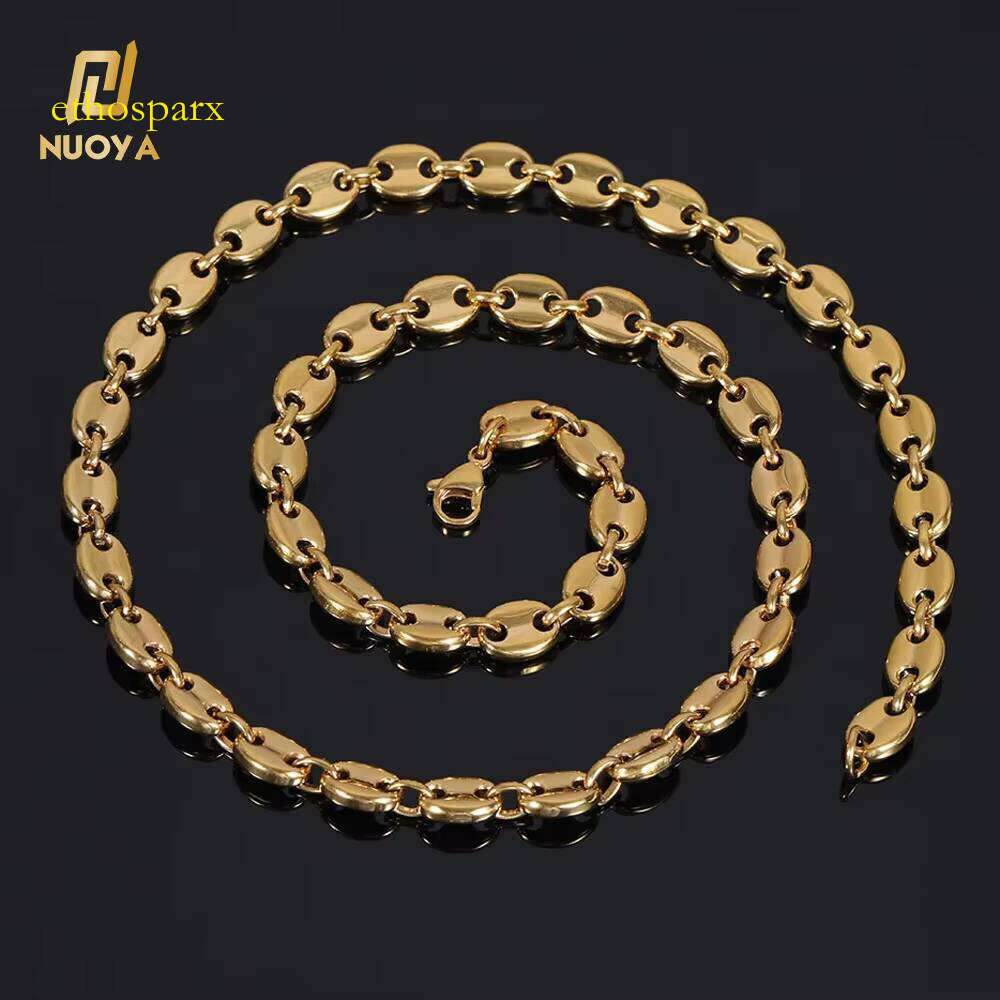Nuoya Fashion Hip Hop Jewelry Gold Plated Men Stainless Steel Coffee Bean Link Chain Necklace