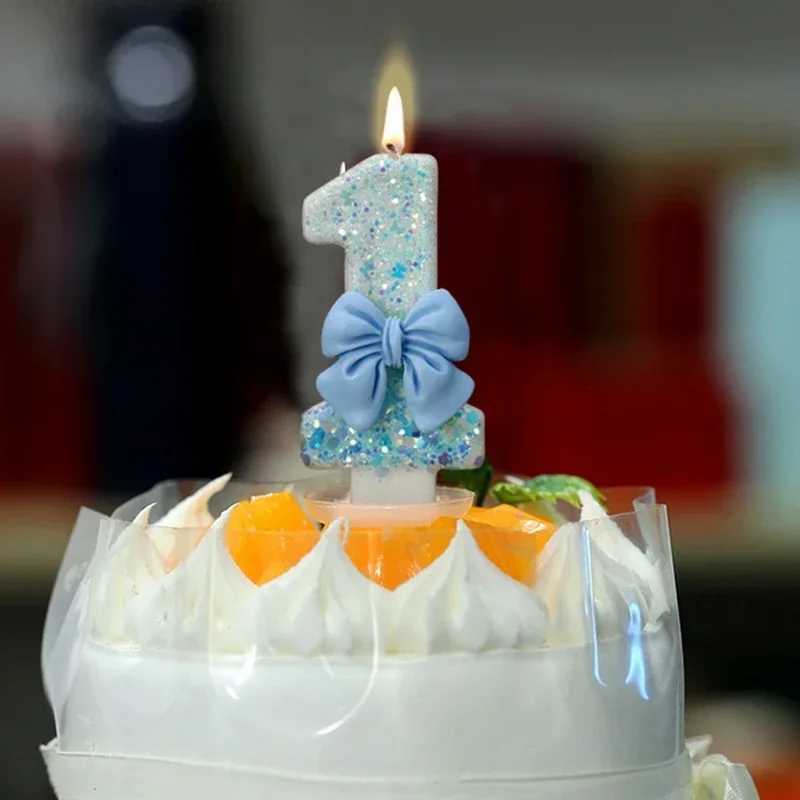 Birthday Number Candle 0 1 2 3 4 5 6 7 8 9 Blue Bow Cake Candle Decoration Party Cake Topper Decor Anniversary Decor W250704