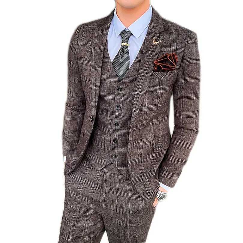 3-Piece Mens Suit Business Casual Jacket Vest with Trousers Gray Dark Brown Slim Fit Suit Asian Size M-5XL X250704