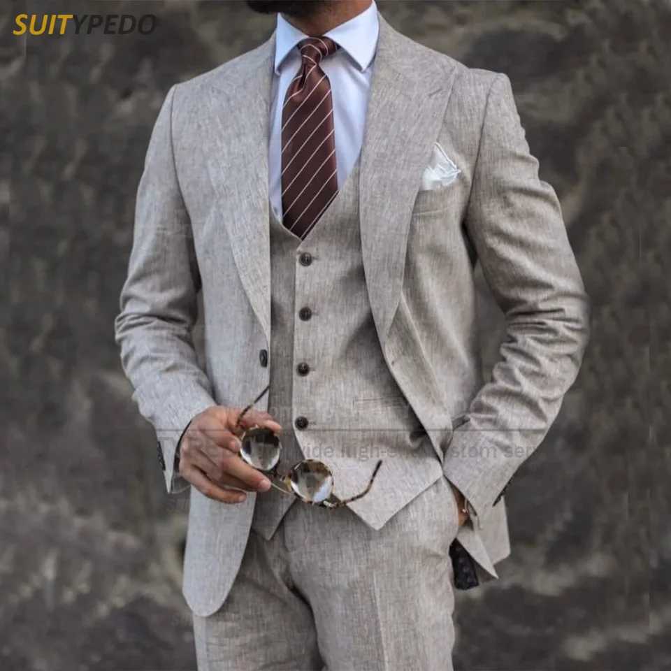 New Summer Linen Suit Set for Men Wedding Birthday Party Custom Men Slim Fit Blazer Vest and Pants 3 Pieces Customized X250704