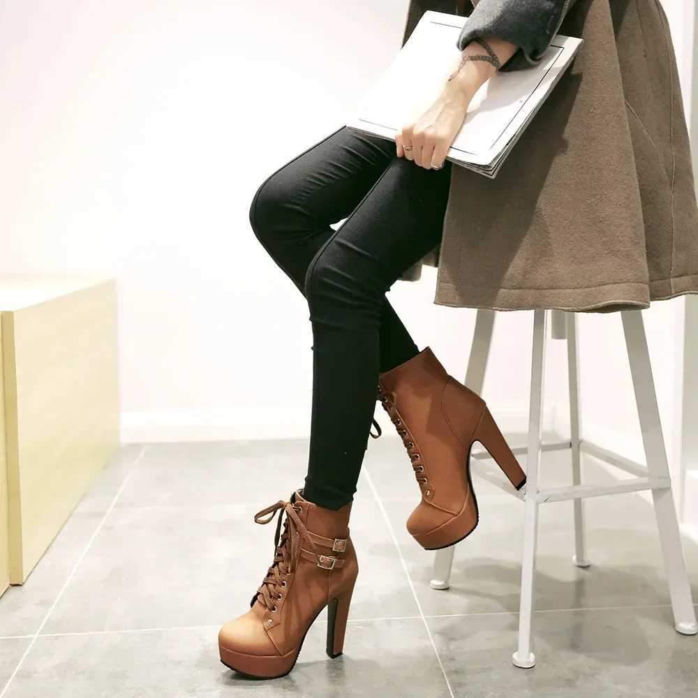 New Womens Pumps Shoes Womens Thick Sole Boots Lace Up Ladies Ankle Boots Comfortable Stiletto Heels Botas Altas Mujer Z250704