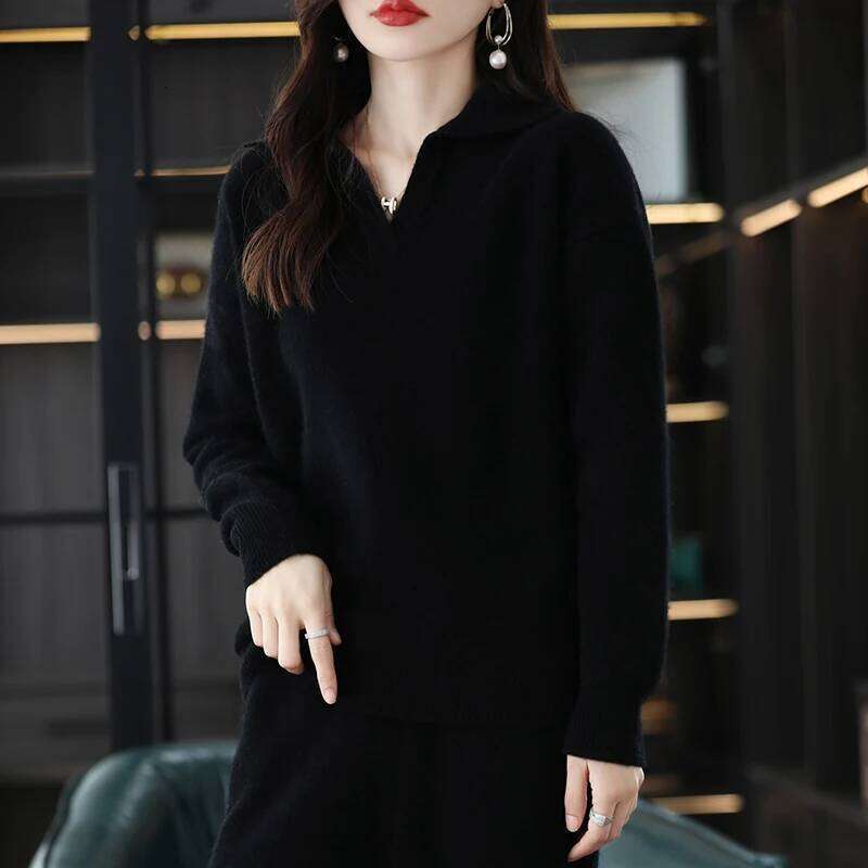 2024 High End Autumn/Winter 100% Pure Wool Knitted Women's Two Piece Set Sweater POLO Collar Cashmere Casual Wide Leg Pants 250704