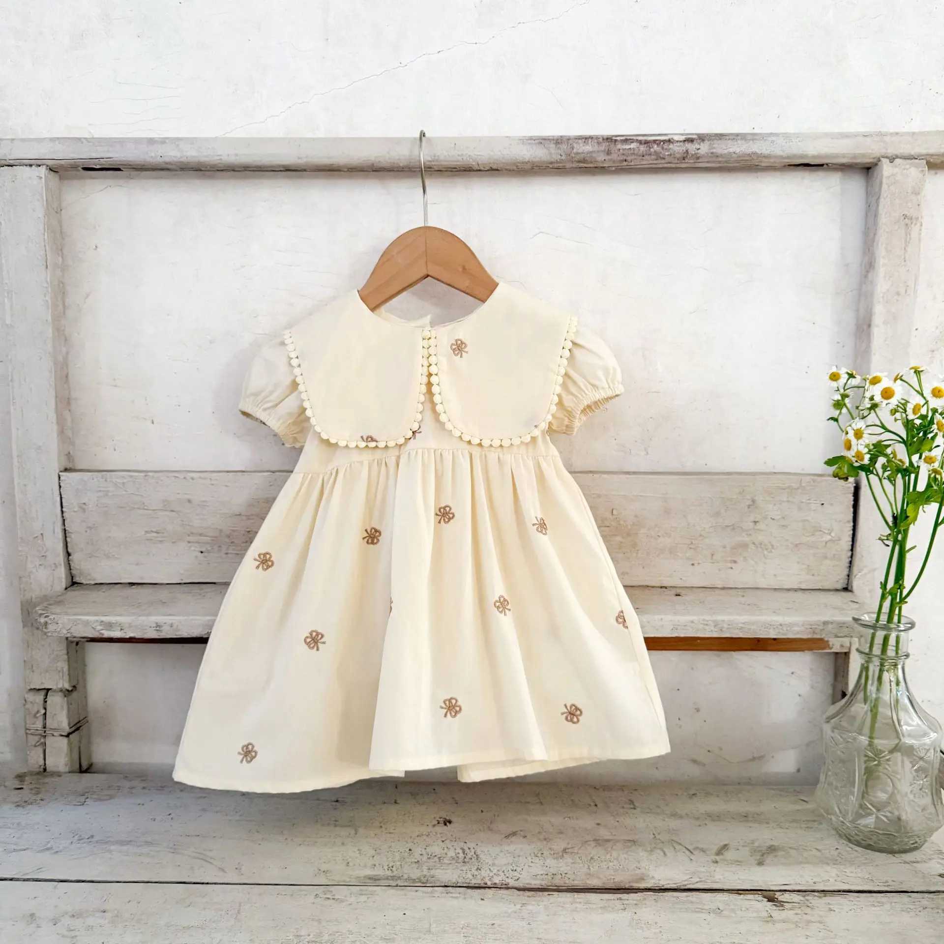 Ins Korean Version Girls Pure Cotton Embroidered Lapel Short Sleeve Dress Versatile Cute Dress for Children in Summer R250704