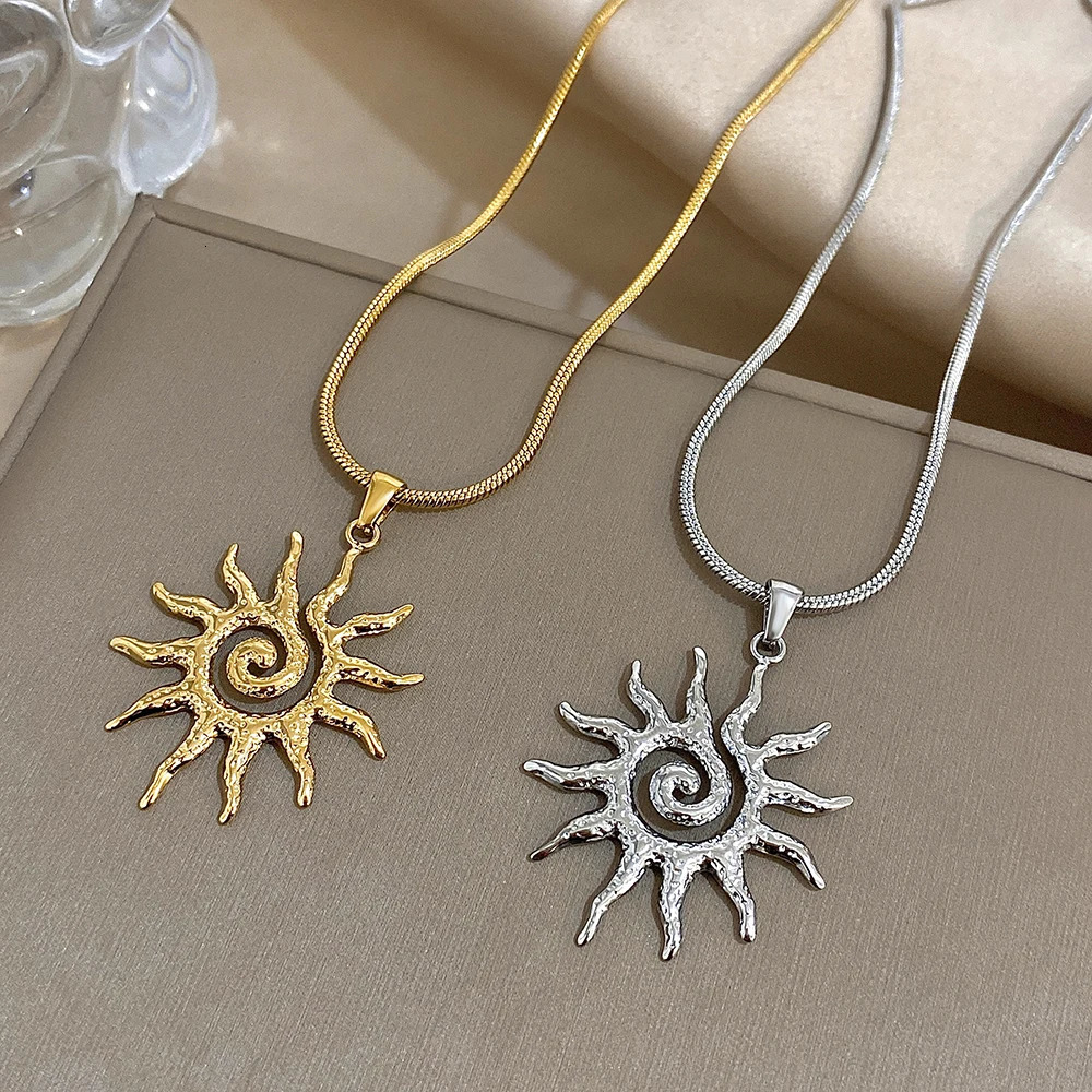 Flashbuy Vintage Chic Sun Shaped Pendant Stainless Steel Necklace Statement Golden Fashion Jewlery Gift 250701