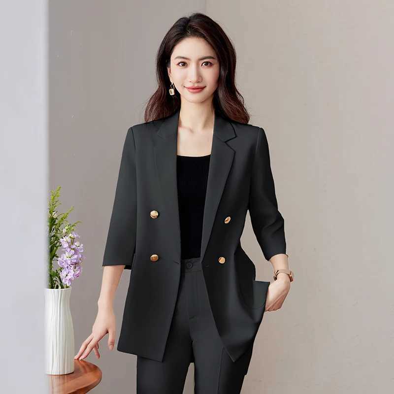 NAVIU Apricot Black Fashion Temperament Suit Womens New Spring Casual Half Slve Blazer And Pants Office Ladies Work Wear X250704