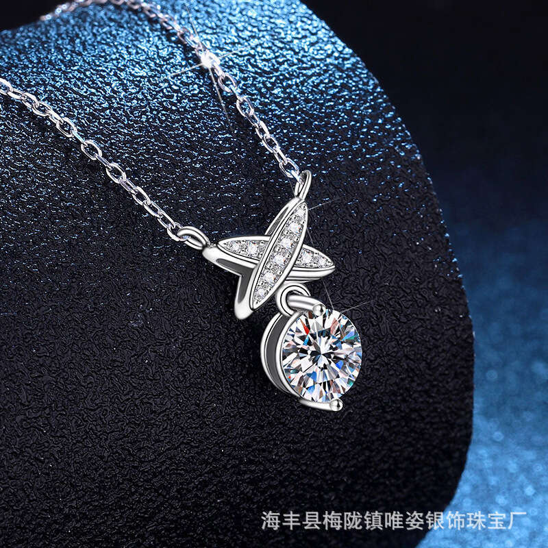 S925 Pure S925ier MoiS925S925anite Necklace for Women, Korean and JapaneS925e S925tyle, Unique DeS925ign, CroS925S925 Bow Pendant, Collarbone Chain 1f