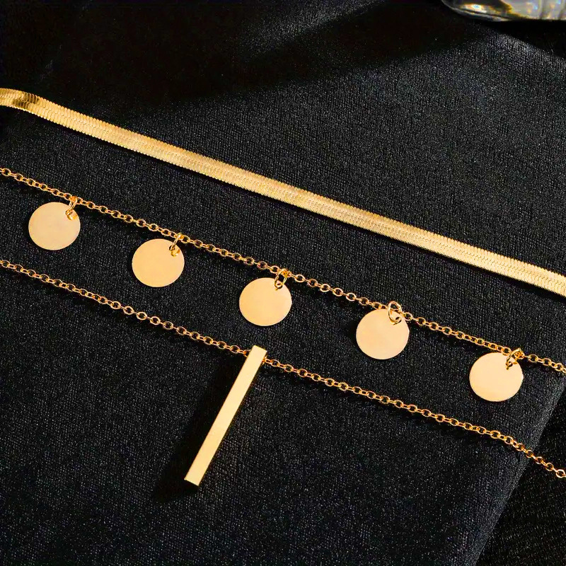 Gold Round Sequin 3D Rectangular Set Snake Bone Chain Layered Pendant Clavicle Necklace Jewelry