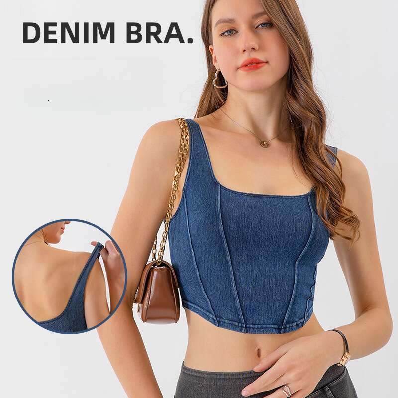 New European and American Style Denim Yoga Sports Vest for Women U-Shaped Elastic Slimming Beautiful Back Quick-Dry Outdoor Fitness Top