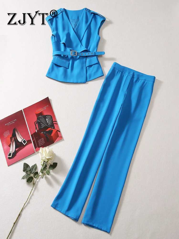 ZJYT Runway 2025 Fashion Summer V Neck Top Pant Sets Two Pieces Womens Outfit Elegant Conjuntos Femininos Trousers Suit Blue X250704