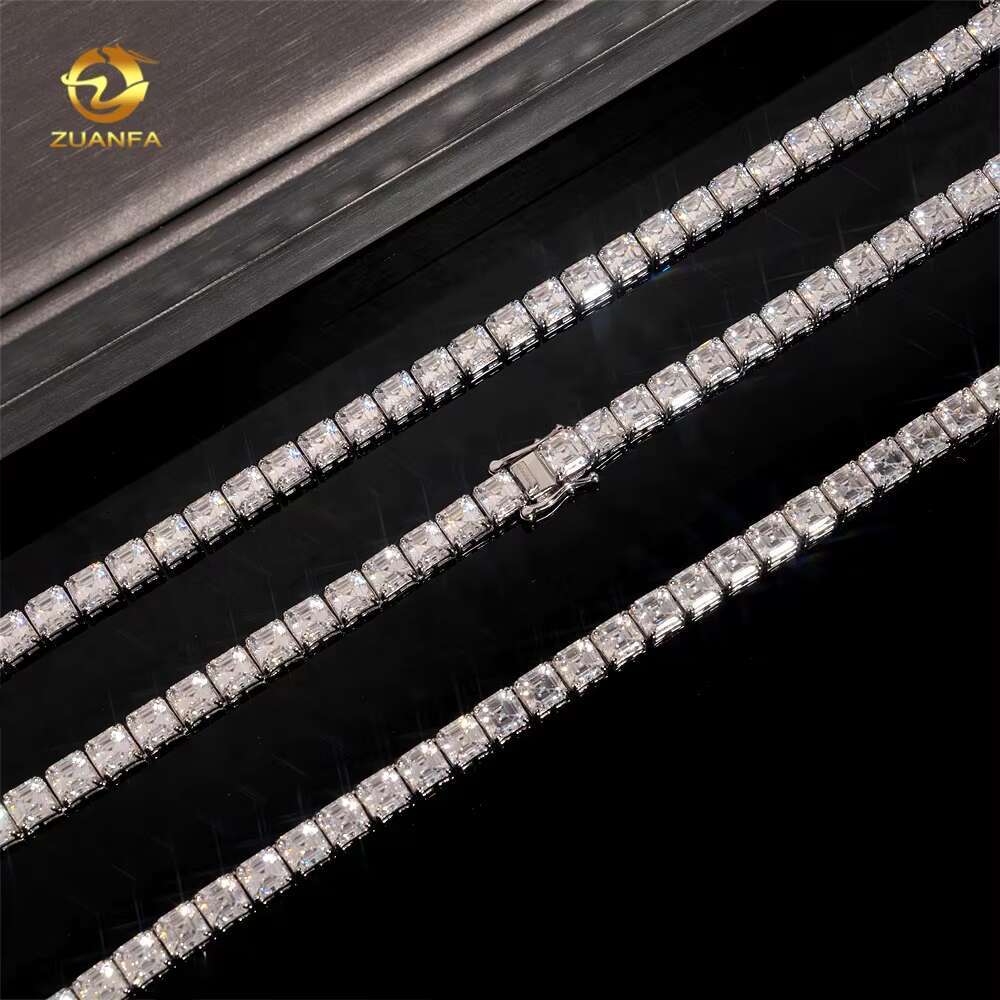 Hip Hop Jewelry High Quality VVS 925 Silver Asscher Cut 5.5MM 0.8CT Moissanite Tennis Chain Necklace