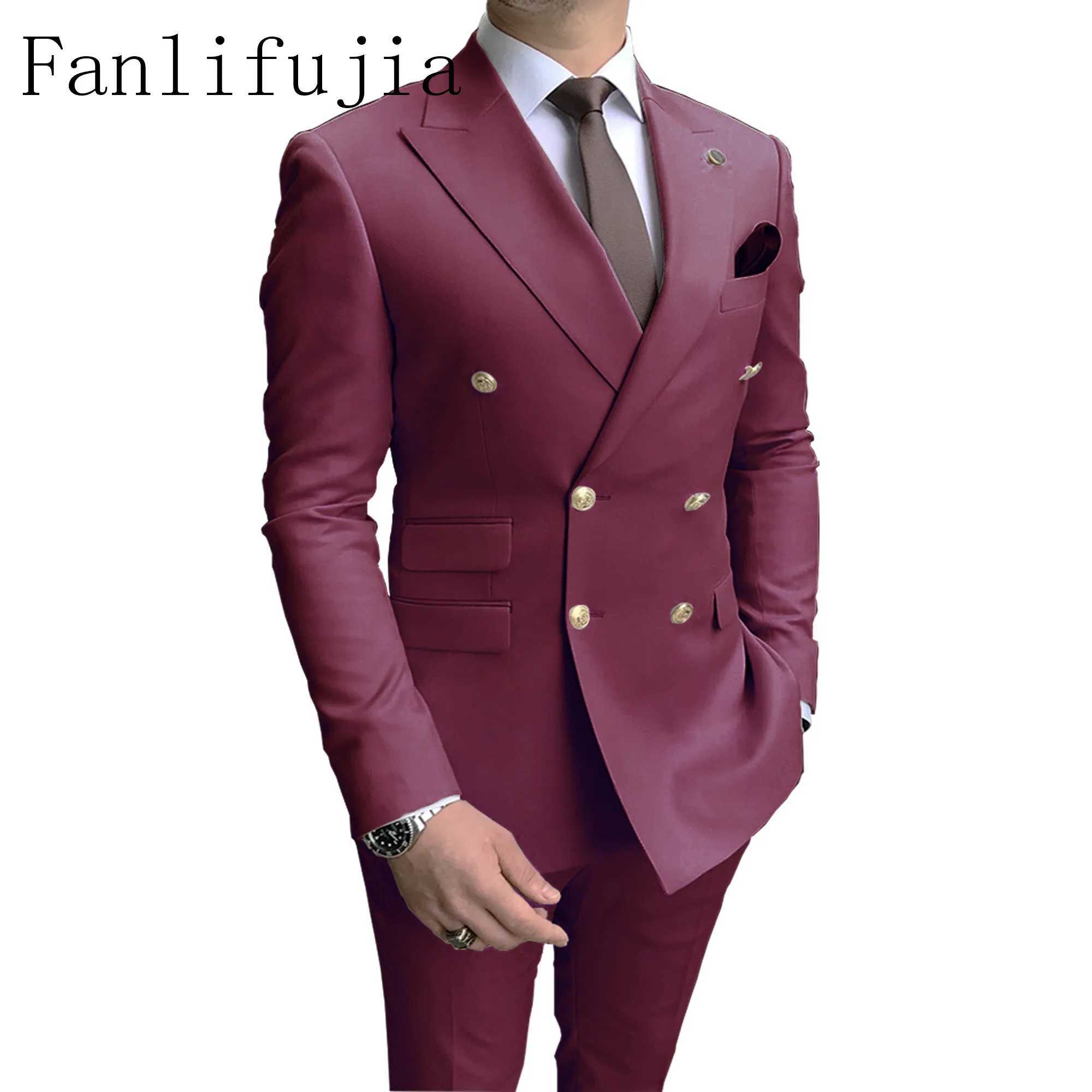 Fanlifujia Store Navy Men Party Tuxedos 2 Pieces Latest Peak Lapel Men Suits Gold Buttons Fashion Style Suits Double Breasted X250704