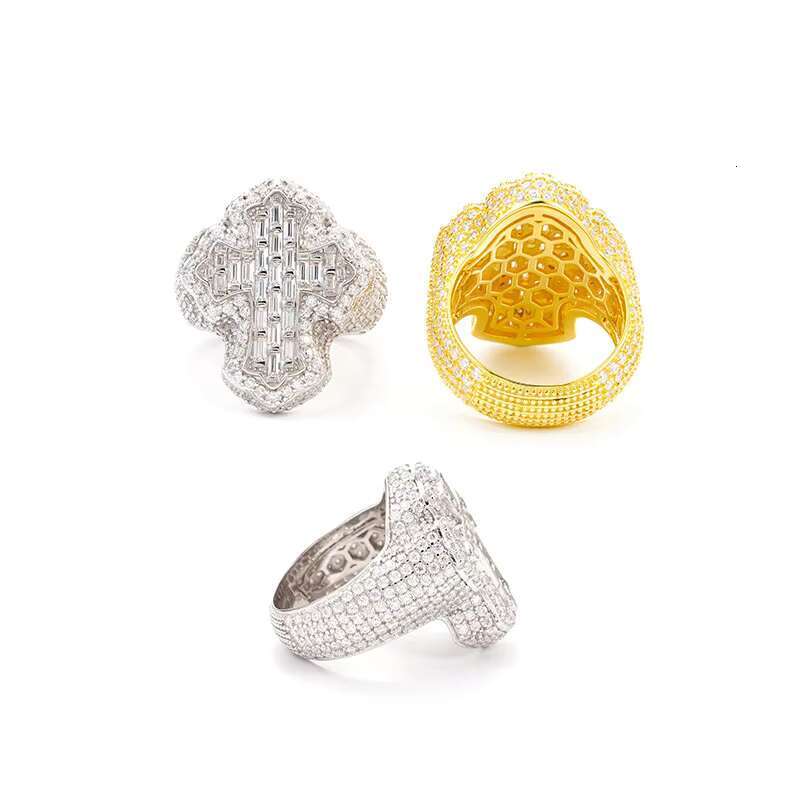 Hip Hop Iced Out Chunky Moissanite Cross Ring S925 Sterling Sliver Stunning Moissanite Ring Retro-American Men Jewelry