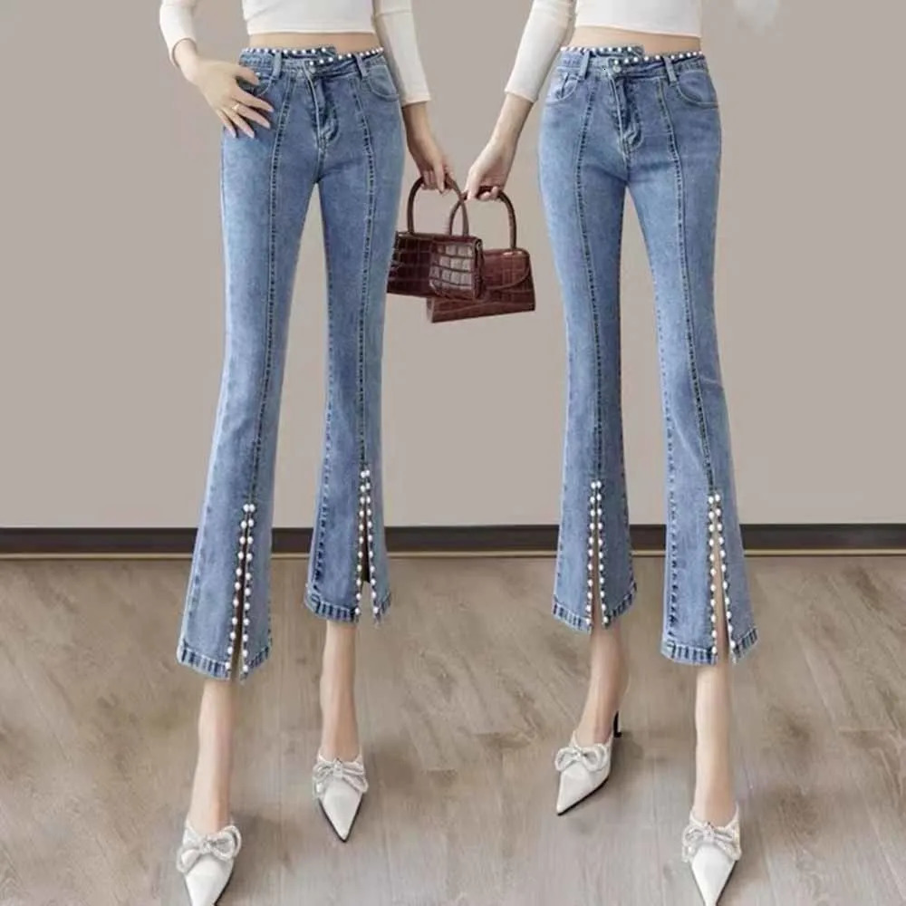 High Waist Denim Pants Women Spring Autumn Fashion Trumpet Trousers Female Slim Stretch Split Beaded Pearls Jeans Woman 250704