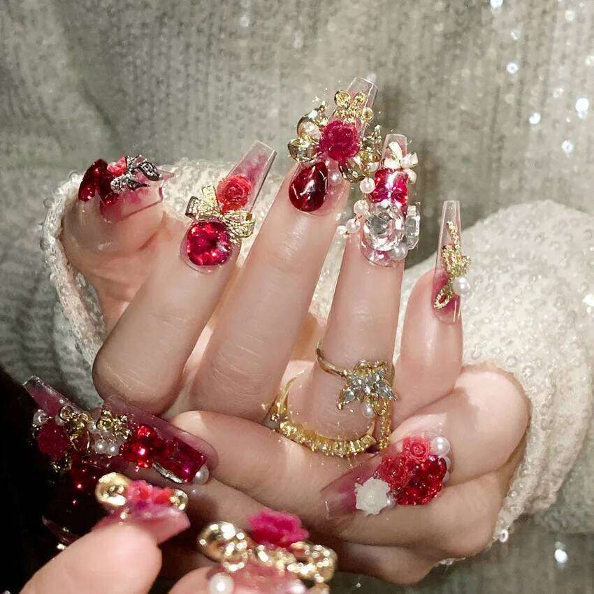 24pcs Heavy Metal Red Crystal Design False Nails 3D Gold Bow Pearl Decor Bride Fake Nail tips Full Cover Dia Press on nails X250704