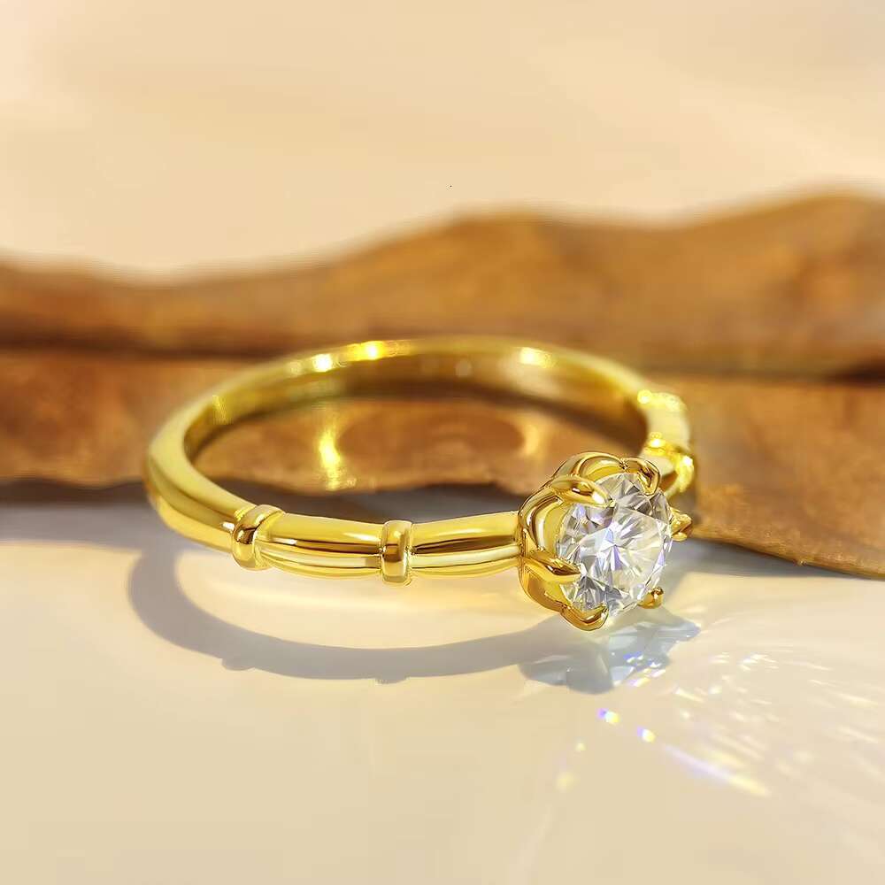 FOXI 18k Gold Vermeil Engagement Ring 0.5Ct Moissanite Diamond Bamboo Solitaire Ring 925 Sterling Silver Moissanite Wedding Ring