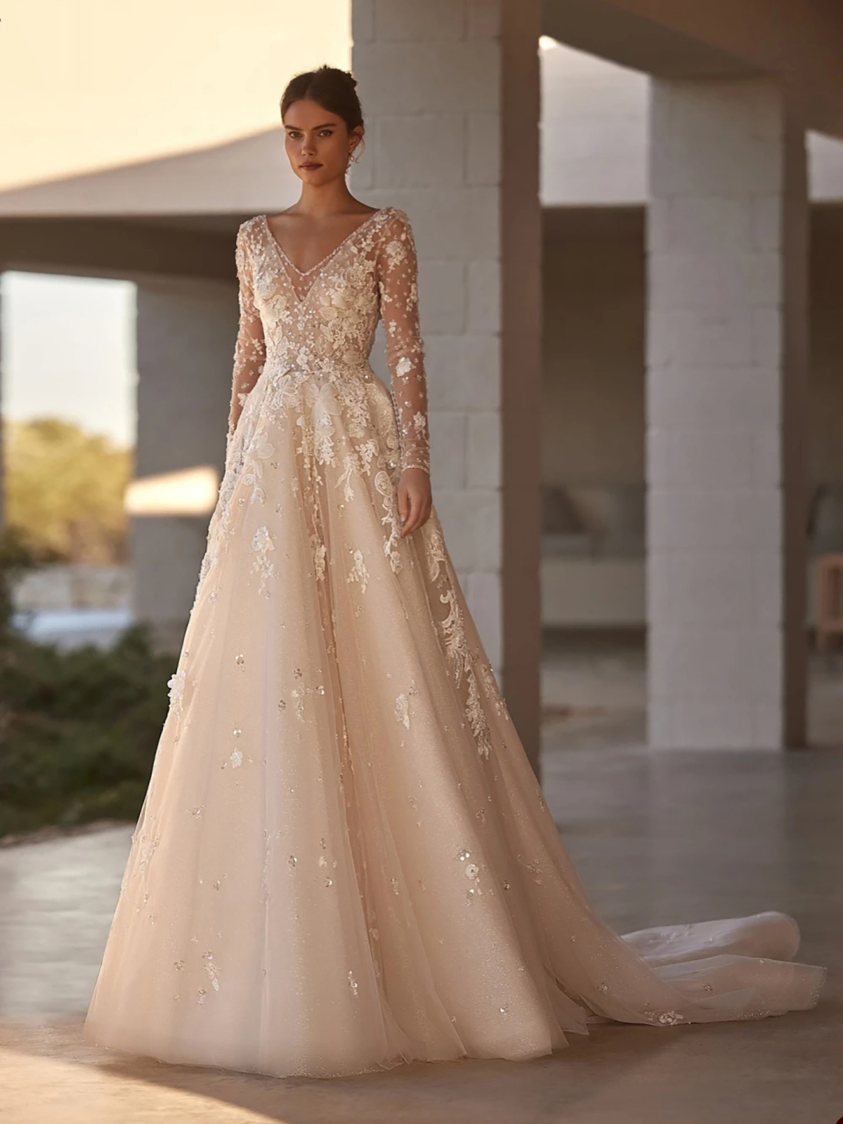 Beaded Flower Appliques Wedding Dresses A Line Deep V Neck Bridal Gowns Long Sleeves Princess Style Custom Made Special Occasion Dresses