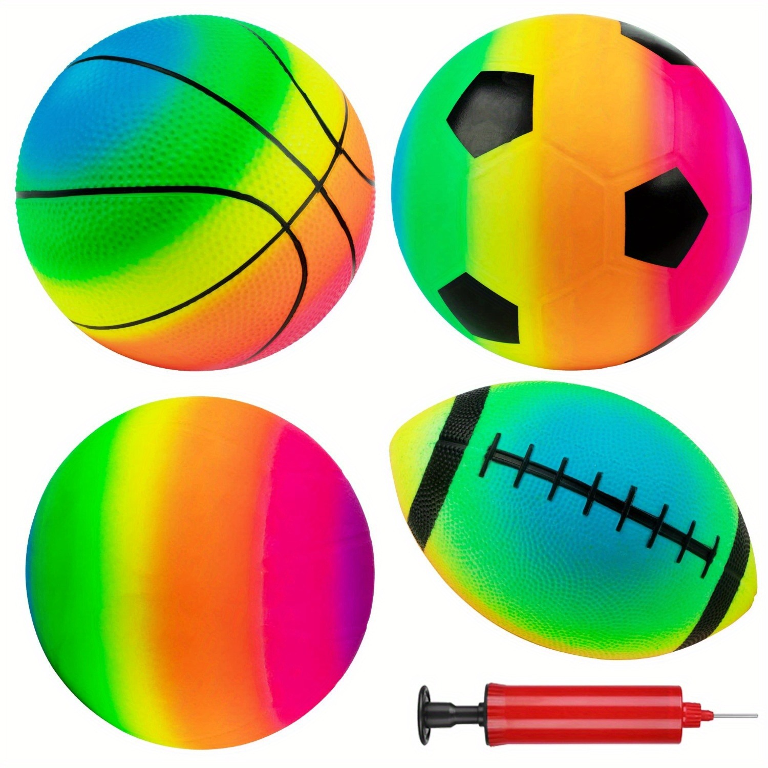 4 PCS Rainbow Sports Balls Set with Pump - 6" Football, Basketball, Soccer & Playground Balls, Summer Toy for Indoor/Outdoor Games - Perfect for 