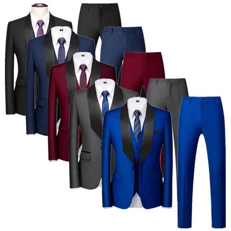 New Men Pure Color Formal Wedding Suit 3 Piece Black / Blue / Dark Gray Fashion Simple Male Business Social Tuxedo Dress Set X250704