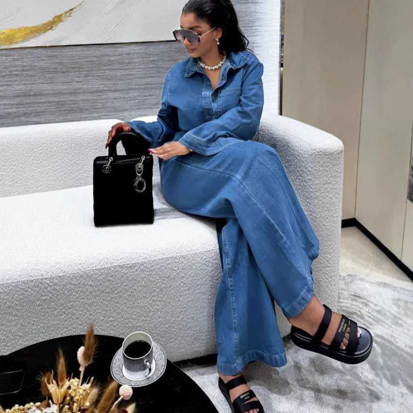 Denim Pant Set Women Two Piece Sets Turn Down Collar Mom Jeans Shirt Tops Wide Leg Long Pants Straight Trousers Y2k Strtwear X250704
