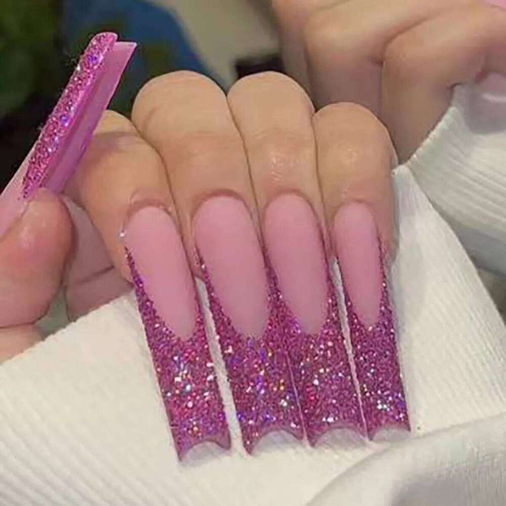 24Pcs Long Coffin False Pink French Flowers Design Fake Nail with Butterfly Rhinestone Wearable Ballet Press on Nails X250704