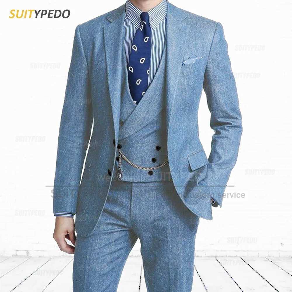 Elegant Denim Mens Suits Smart Casual Winter Blazer Vest And Pants 3-Piece Tuxedo Notch Lapel Solid Formal Suit Attire X250704