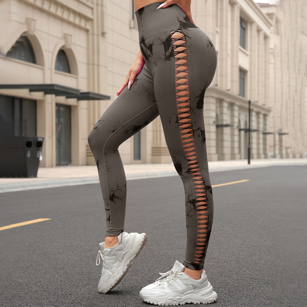 Women's High-Waist Seamless Yoga Pants with Side-Cut Tie-Dye Design