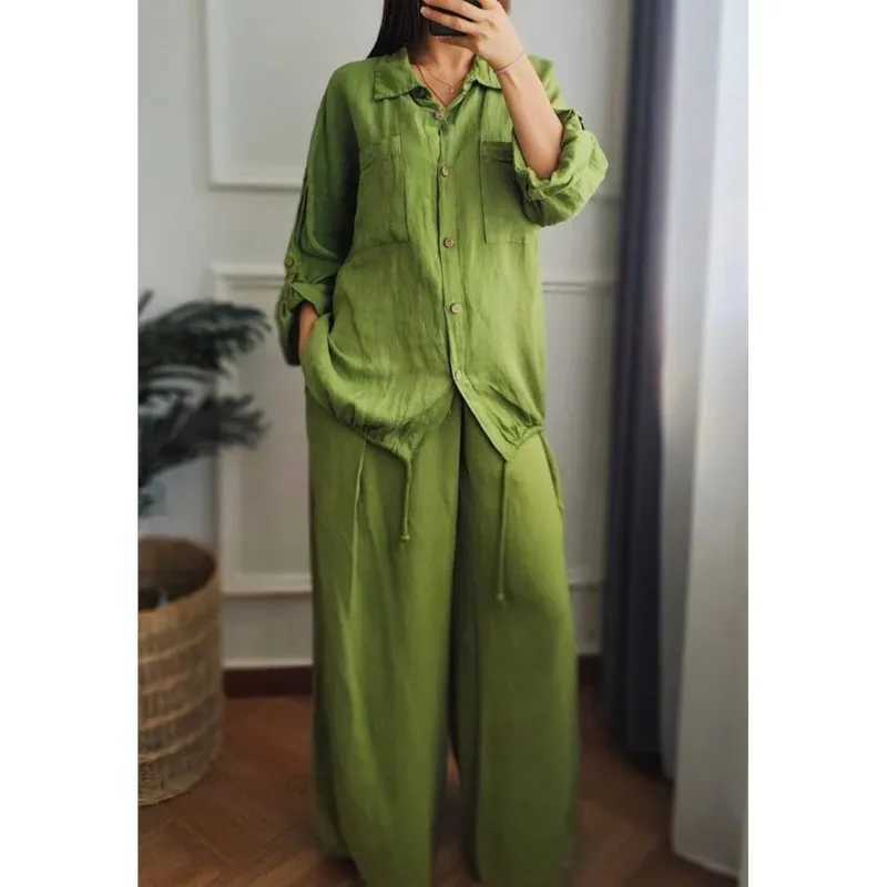 Womens Spring Casual Loose Cotton Linen Solid Shirt Wide Leg Pants 2-piece Set White Button Top Trousers Two Pieces Suits Women X250704