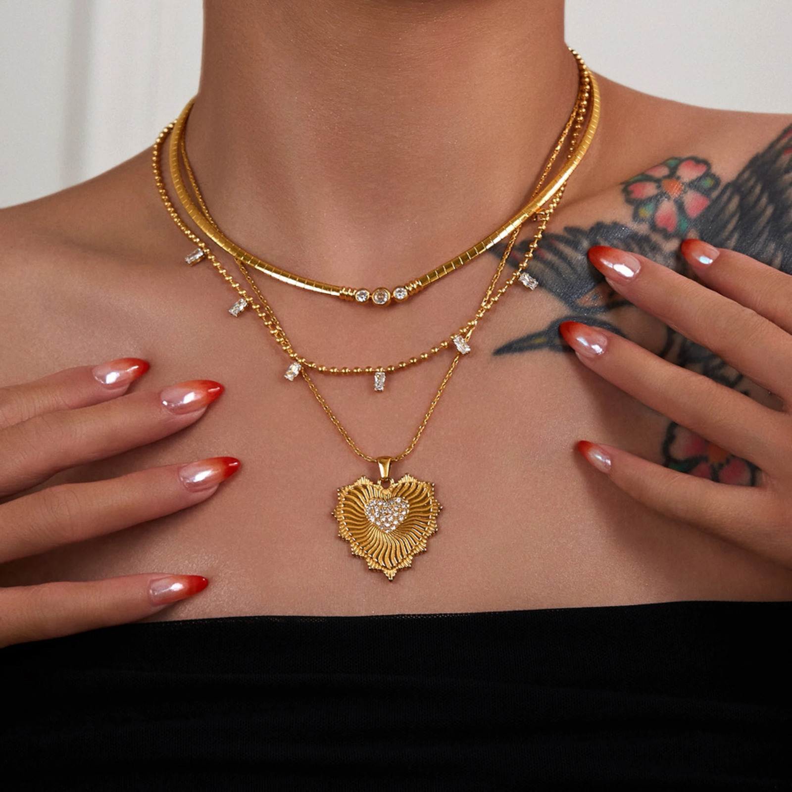 DASEIN Vintage Heart Shape Zircon Pendant Chunky Bamboo Necklace 18k Gold Plated Stainless Steel Lady Bikini Jewelry Gift 250701