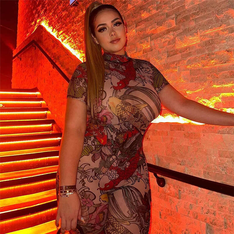 European and American Style Summer Women's Sexy Backless Printed Sheer Mesh Jumpsuit 2025 New Casual Fashion Trendy Clothing