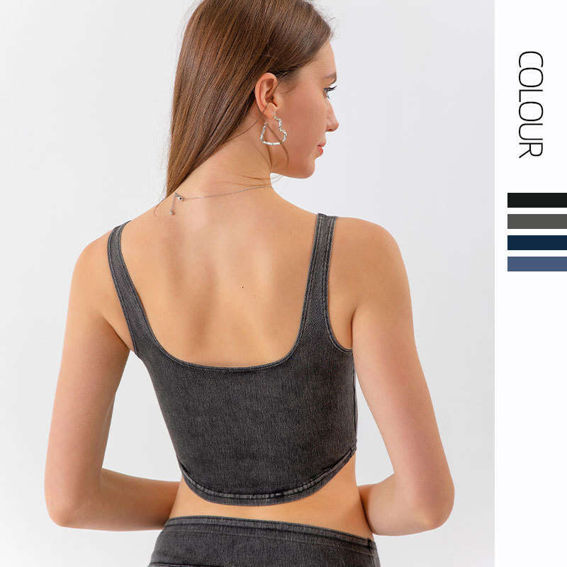 New European and American Style Denim Yoga Sports Vest for Women U-Shaped Elastic Slimming Beautiful Back Quick-Dry Outdoor Fitness Top
