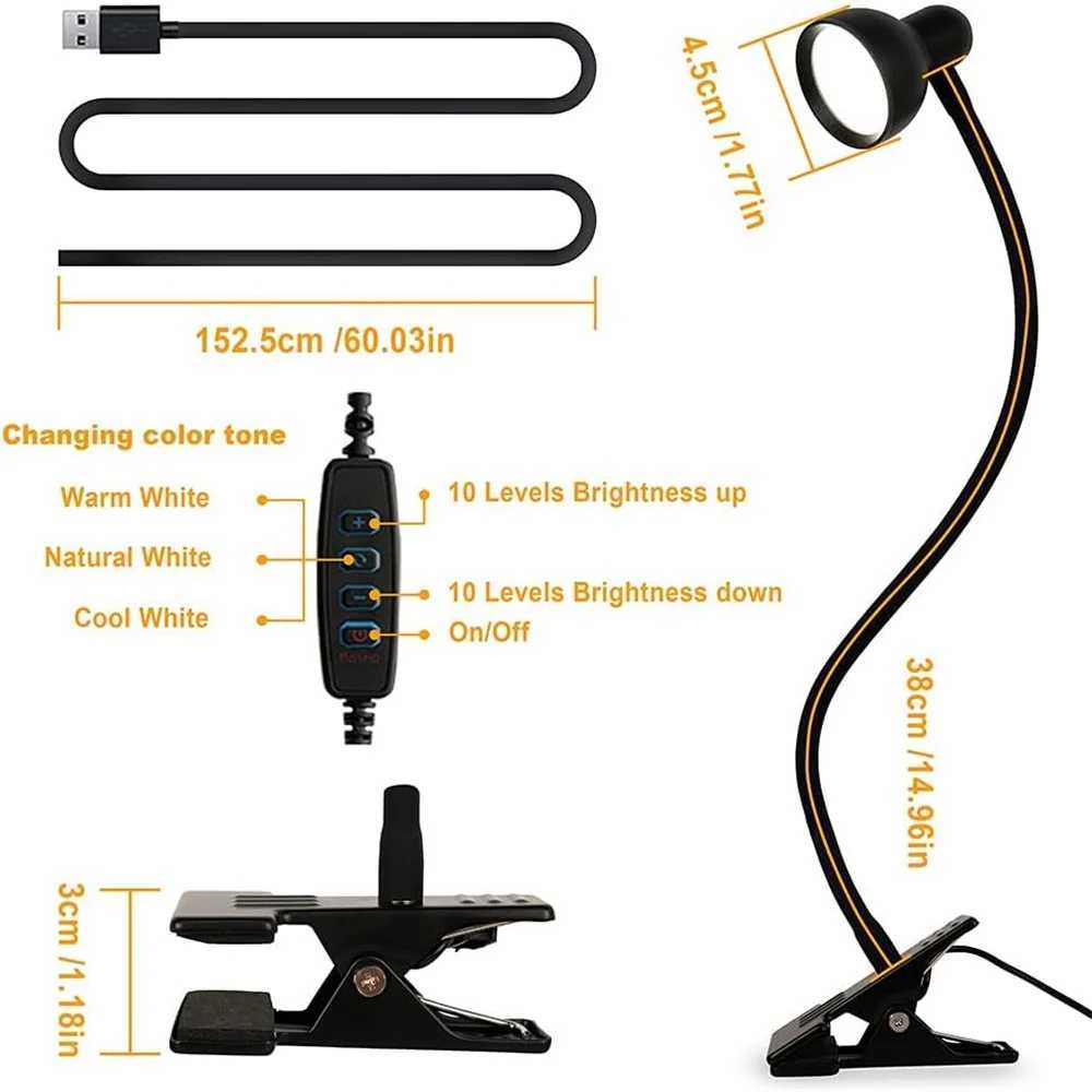 LED Desk Lamp with 3 Color Modes 10 Brightness Levels Dimmer Reading Light Auto Off Timer Flexible Gooseneck Clip Book Light XJ250703