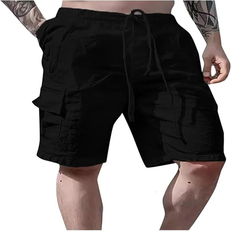 Mens loose outdoor breathable shorts made of cotton and linen with drawstrings and multiple pockets in workwear style. 250704