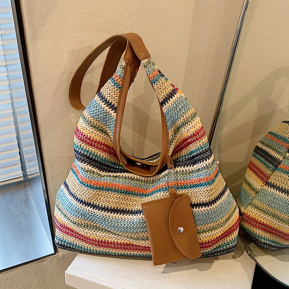 Women Stylish Knit Shoulder Bag Wear Resist Hand Woven Shoulder Bag Vacation Straw Handbag Leisure Bag with Matching Clutch 250701