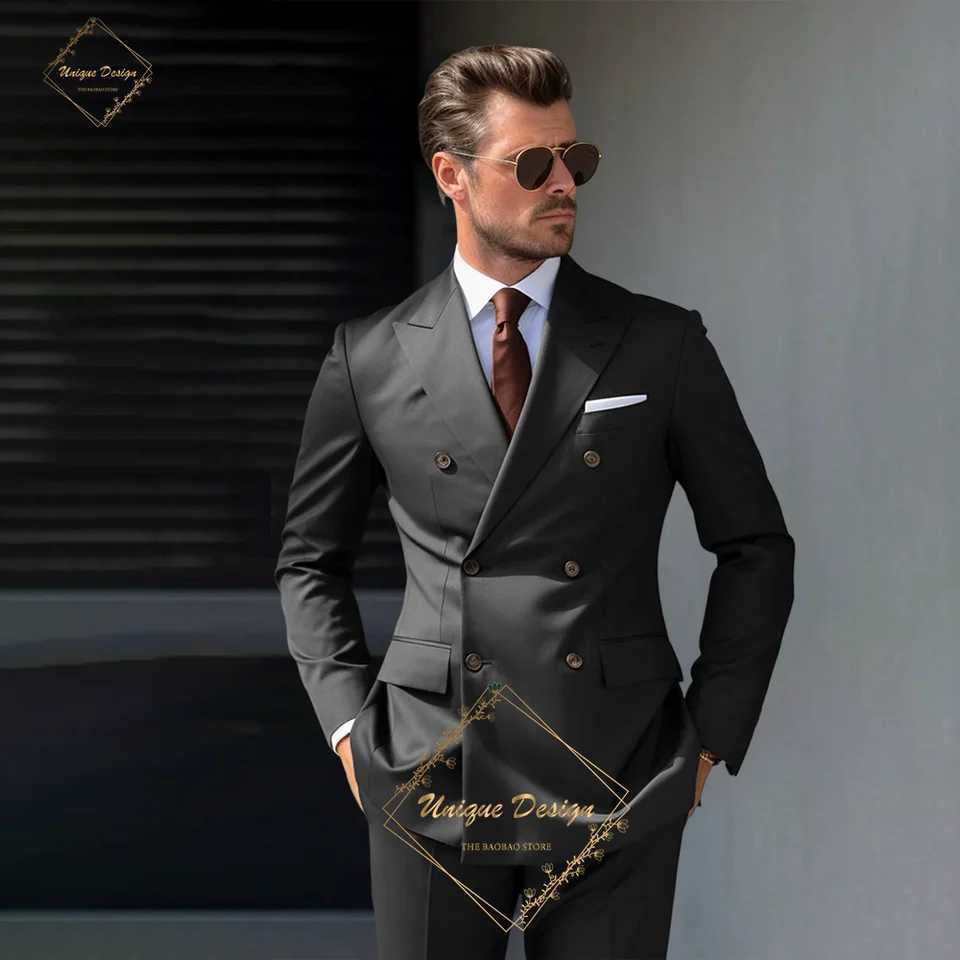 Mens Elegant Chocolate Brown Double Breasted Suit for Men Stylish Formal Wear Tailored Tuxedo for Wedding Dinner Party 2PCS X250704
