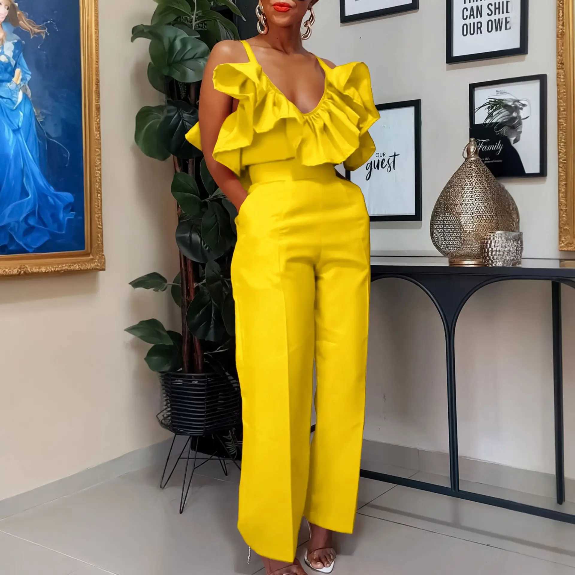 Women Two Pieces Set V Neck Strap Crop Tops Ruffles High Waist Pants Sexy Female Suit Summer Fashion Party New 2025 X250704