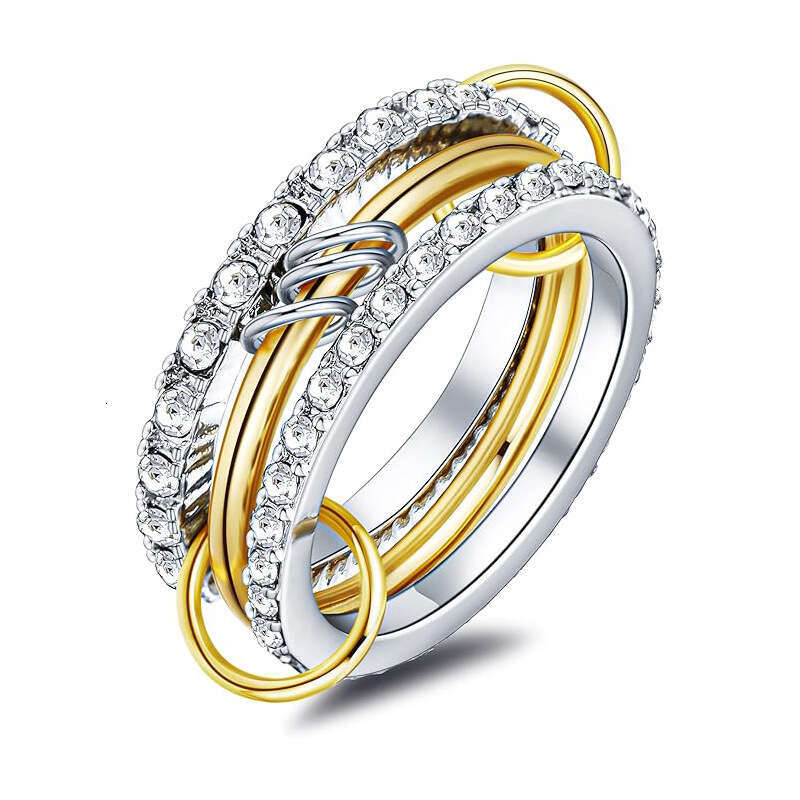 Designer Stainless Steel Interlocking Full Diamond Zircon Three-Ring Ring Two-Tone Multi-Element New Style