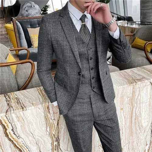 3-Piece Mens Suit Business Casual Jacket Vest with Trousers Gray Dark Brown Slim Fit Suit Asian Size M-5XL X250704
