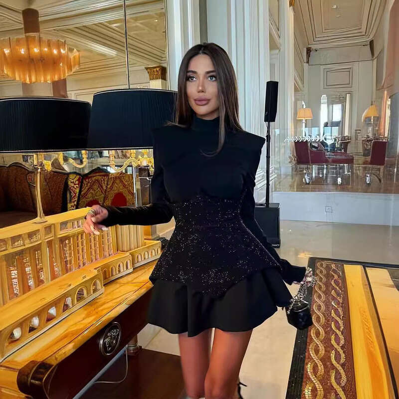 White Skirt Maxi Skirt New Elegant Stand Collar Long Sleeve Fashion Sequin Color Block Slim Fit Patchwork Short Dress Long Skirt