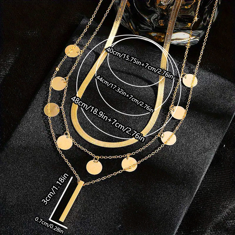 Gold Round Sequin 3D Rectangular Set Snake Bone Chain Layered Pendant Clavicle Necklace Jewelry