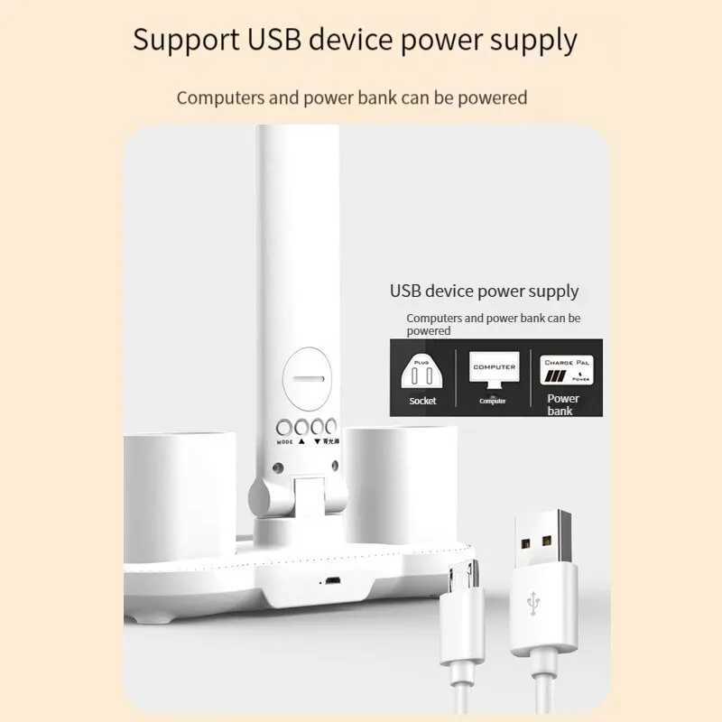 LED Clock Desk Lamp USB Rechargeable/Plug-in Dimmable Desk Lamp 2 Heads 180 Rotatable Foldable Eye Protection Reading Night Light XJ250703