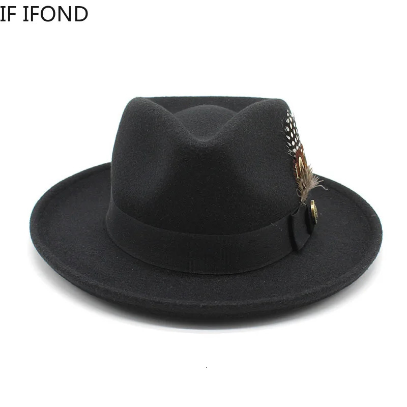 Feather band Wool Felt Fedora Hat Men Curved Brim Panama Party Trilby Cowboy Cap Gentleman Wedding Jazz Hat 250701