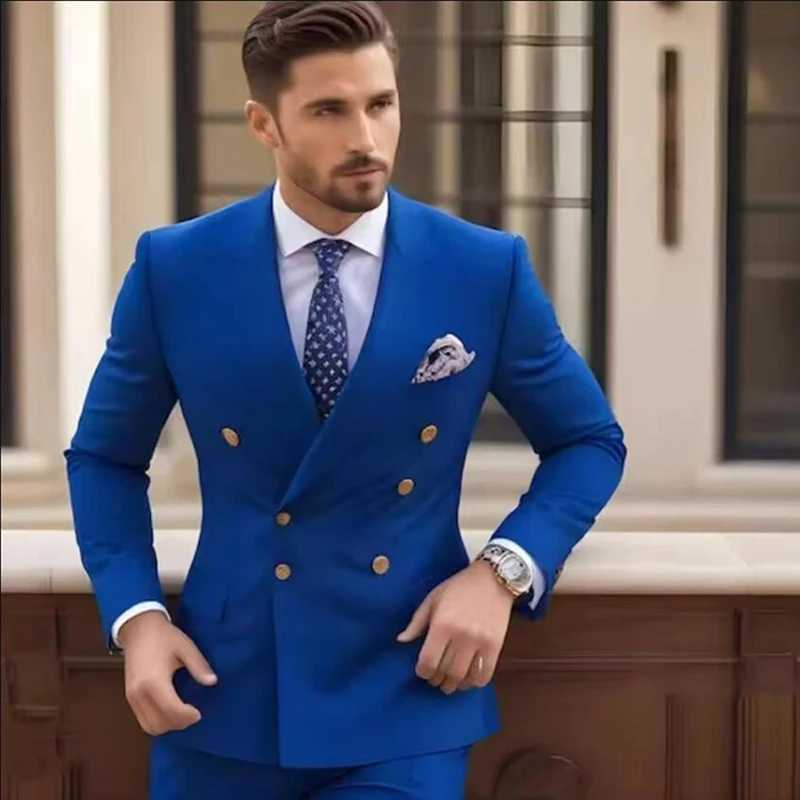 Classic Blue Men Suits 2025 Customize Double Breasted Peak Lapel Regular Length 2 Piece Jacket Pants Outfits Male Clothing X250704