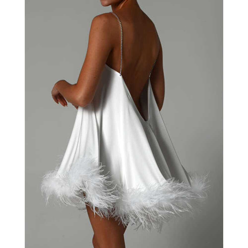 White Skirt Maxi Skirt Summer New Women S Fashion Hardware Chain Strap Backless Sexy Flared Ostrich Feather Dress Long Skirt