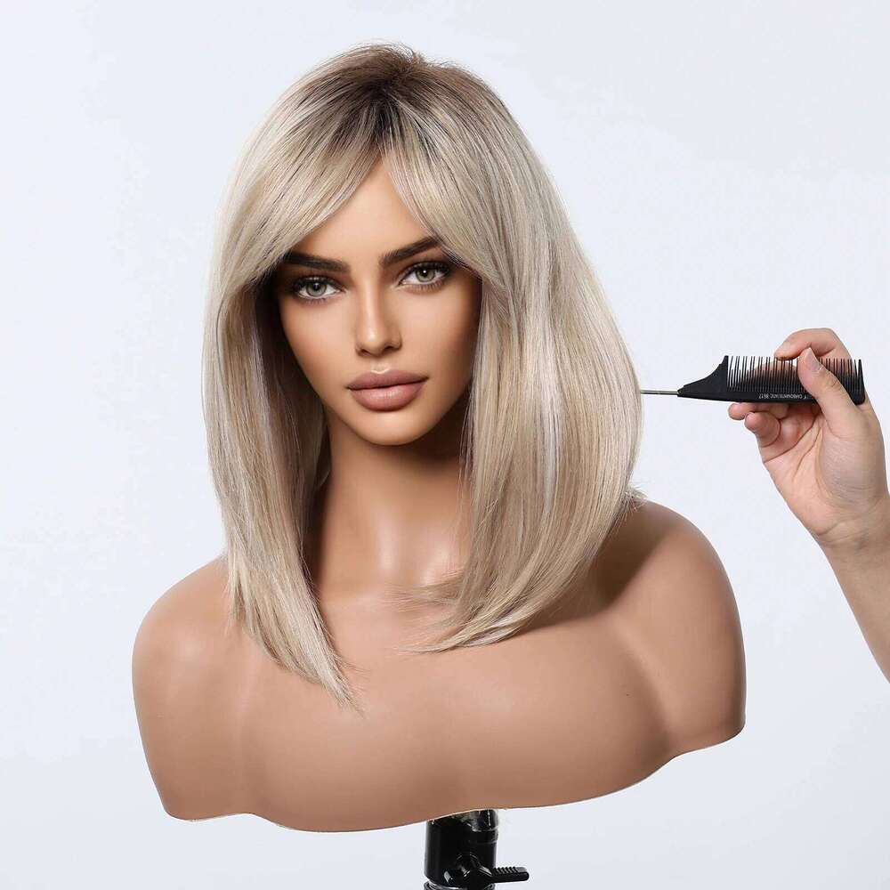 Medium Straight Synthetic Wig Light Golden Blonde Layered Wigs for Women Daily Cosplay Party Use Heat Resistant Fibre Fake Hair
