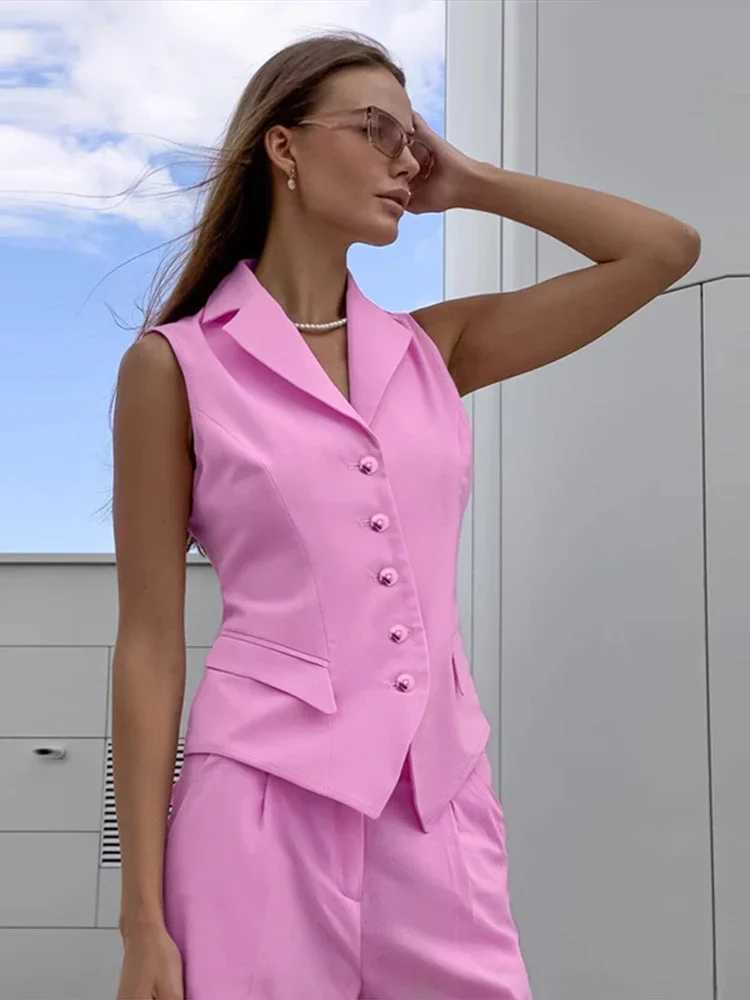 Lapel Single Breasted Vest Women Set Casual Solid Slveless Top Wide Leg Pleated Trousers Spring Summer Lady Outfit X250704