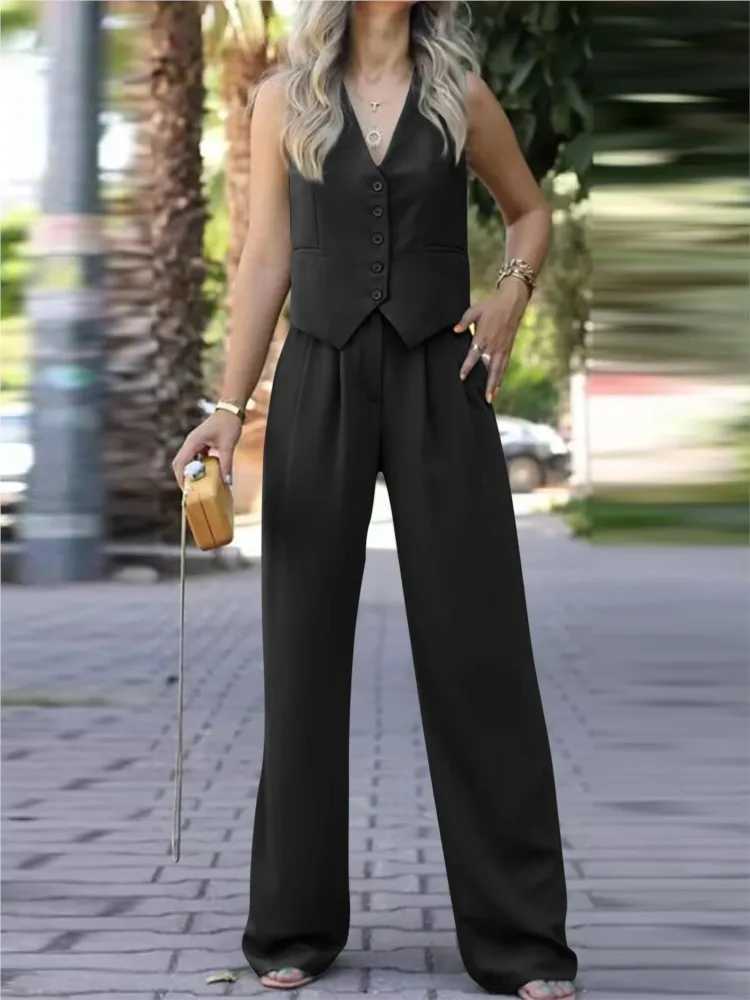 casual slveless suit set office lady spring summer elegant slim v-neck blazer tops pants two piece set women outfit 2024 X250704