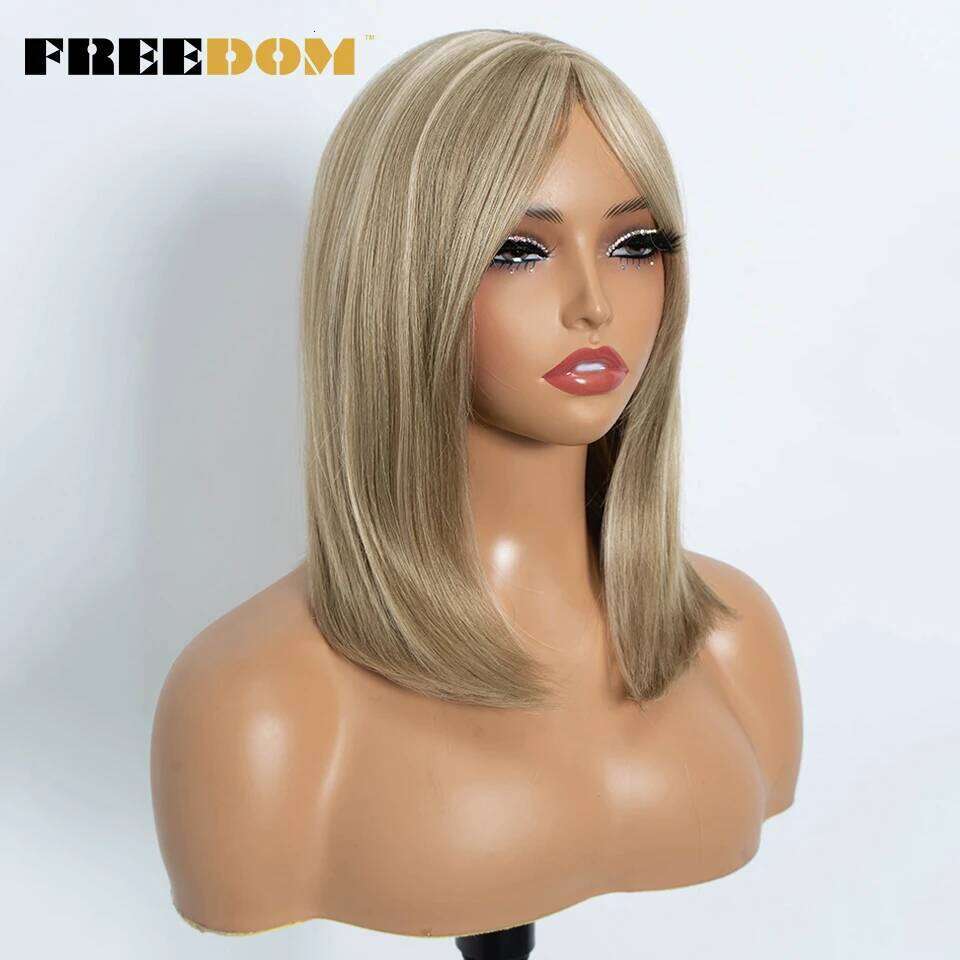 FREEDOM Synthetic Straight Bob with Bangs 16 Inch Ombre Brown Blonde Wigs for Women Heat Resistant Wig Cosplay Lolita Hair