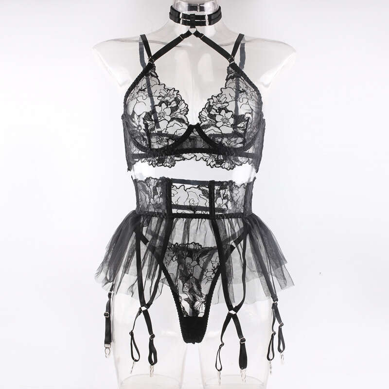 Sexy Lingerie Women's New Embroidered Black Bra Sheer Mesh Skirt Garter Belt Sexy Lingerie Set Women Lingerie